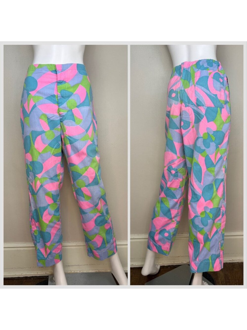 Vintage 1960s Psychedelic Surf Pants, Abstract Print, Size Small-Medium